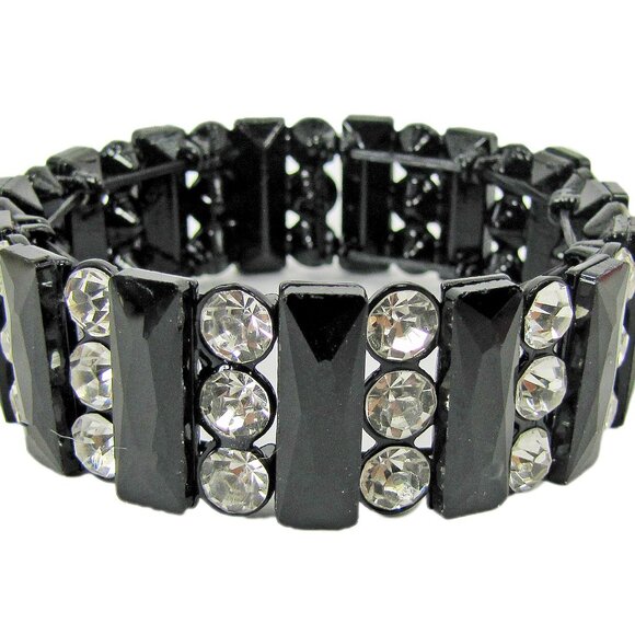 Black glass and clear crystal stretch bracelet w/ rows of rectangle glass beads - Picture 6 of 7